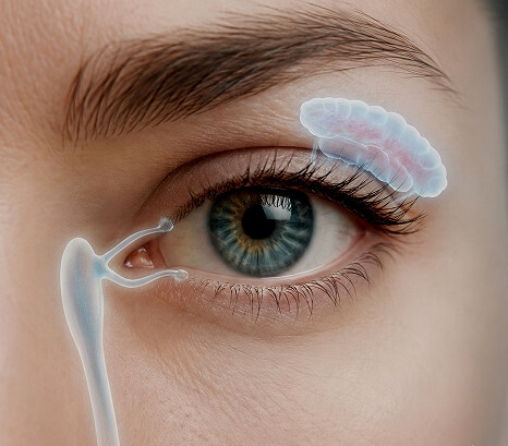 Ilustração das vias lacrimais sobre o olho - glândula lacrimal e sistema de drenagem